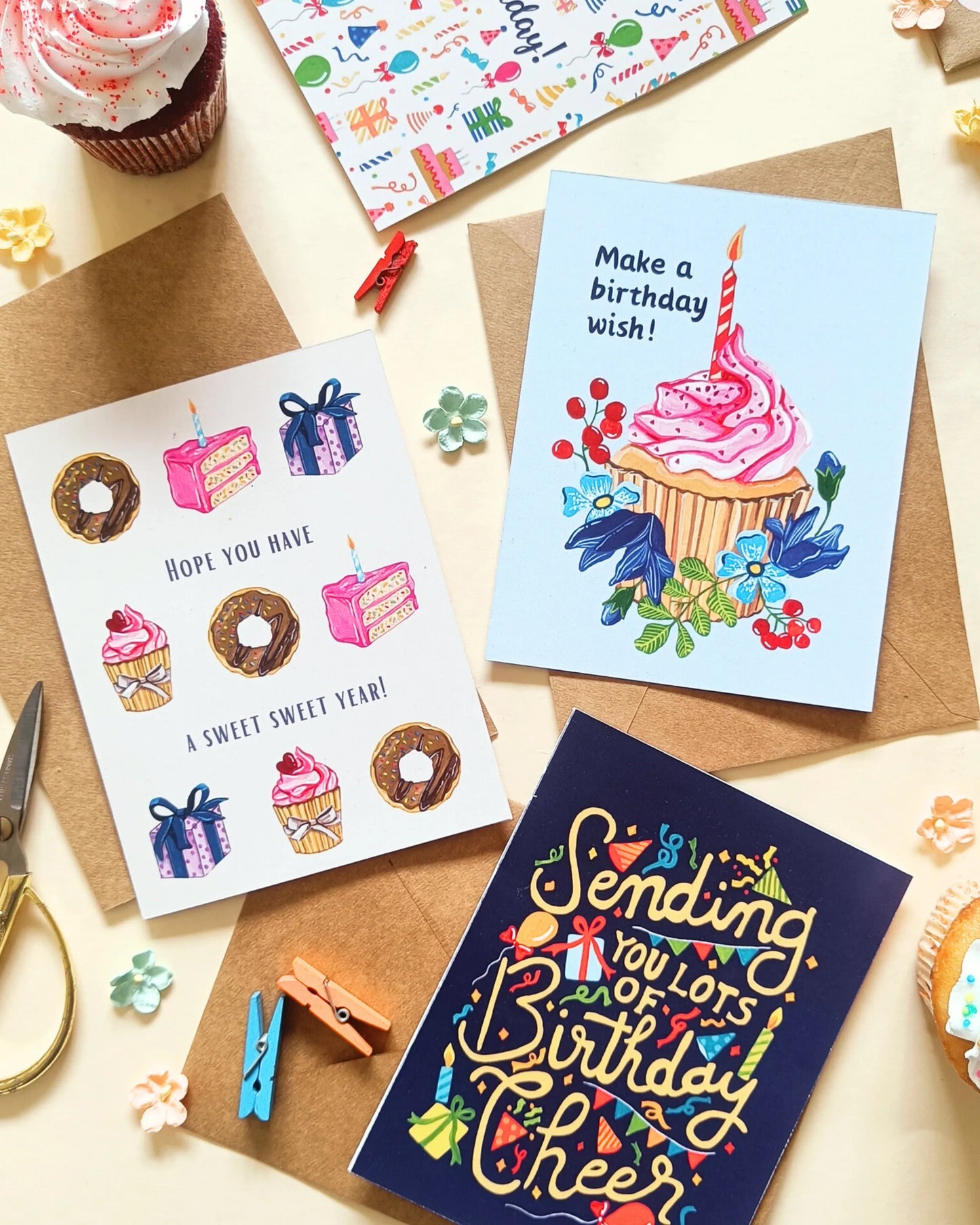 Birthday-themed greeting cards