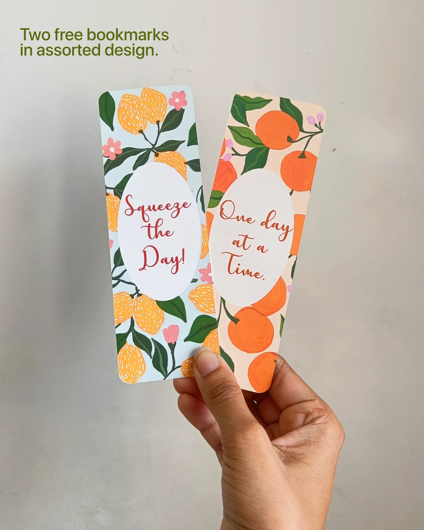 Two colorful bookmarks with fruit designs