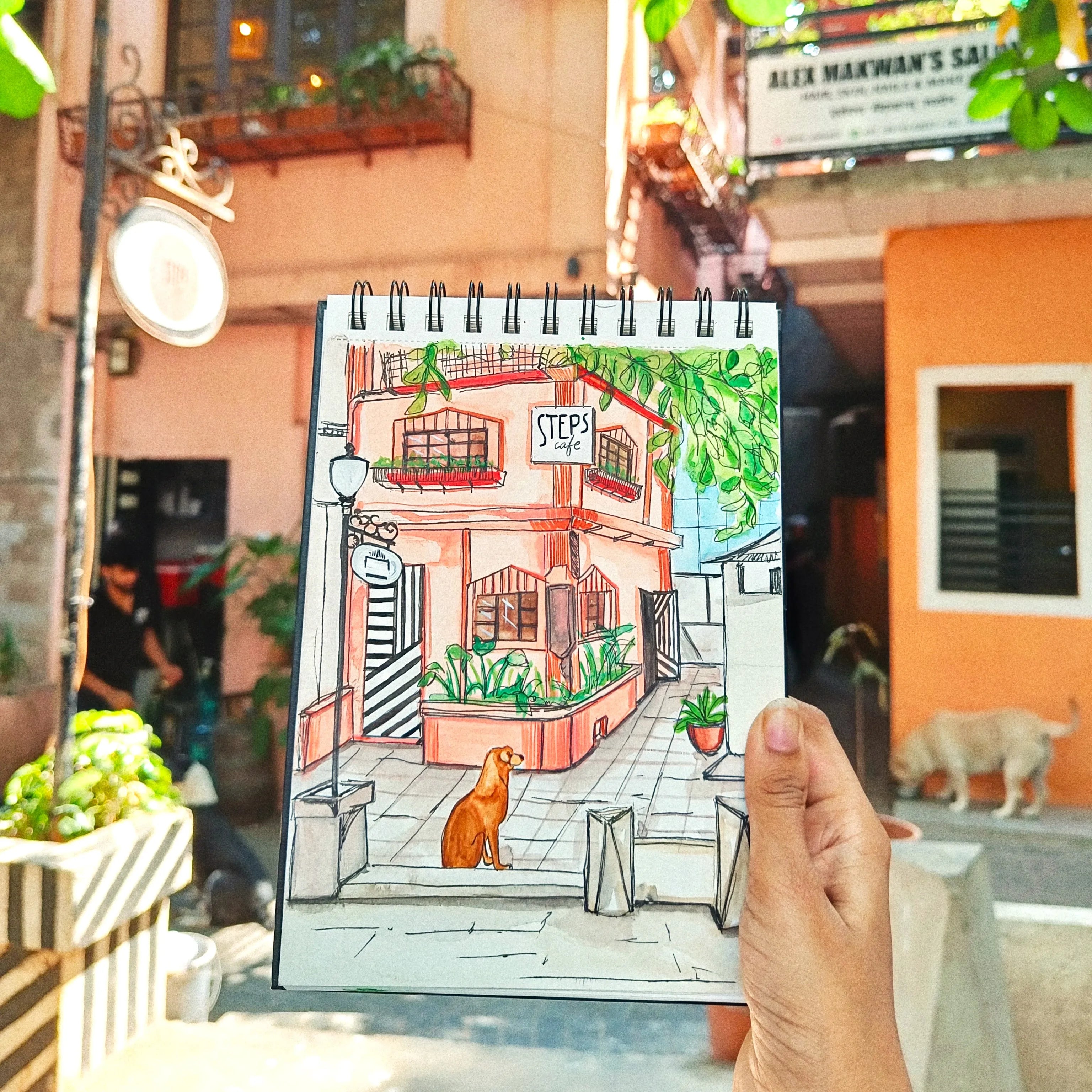 Live painting of Facade of Steps cafe, Bandra, Mumbai.