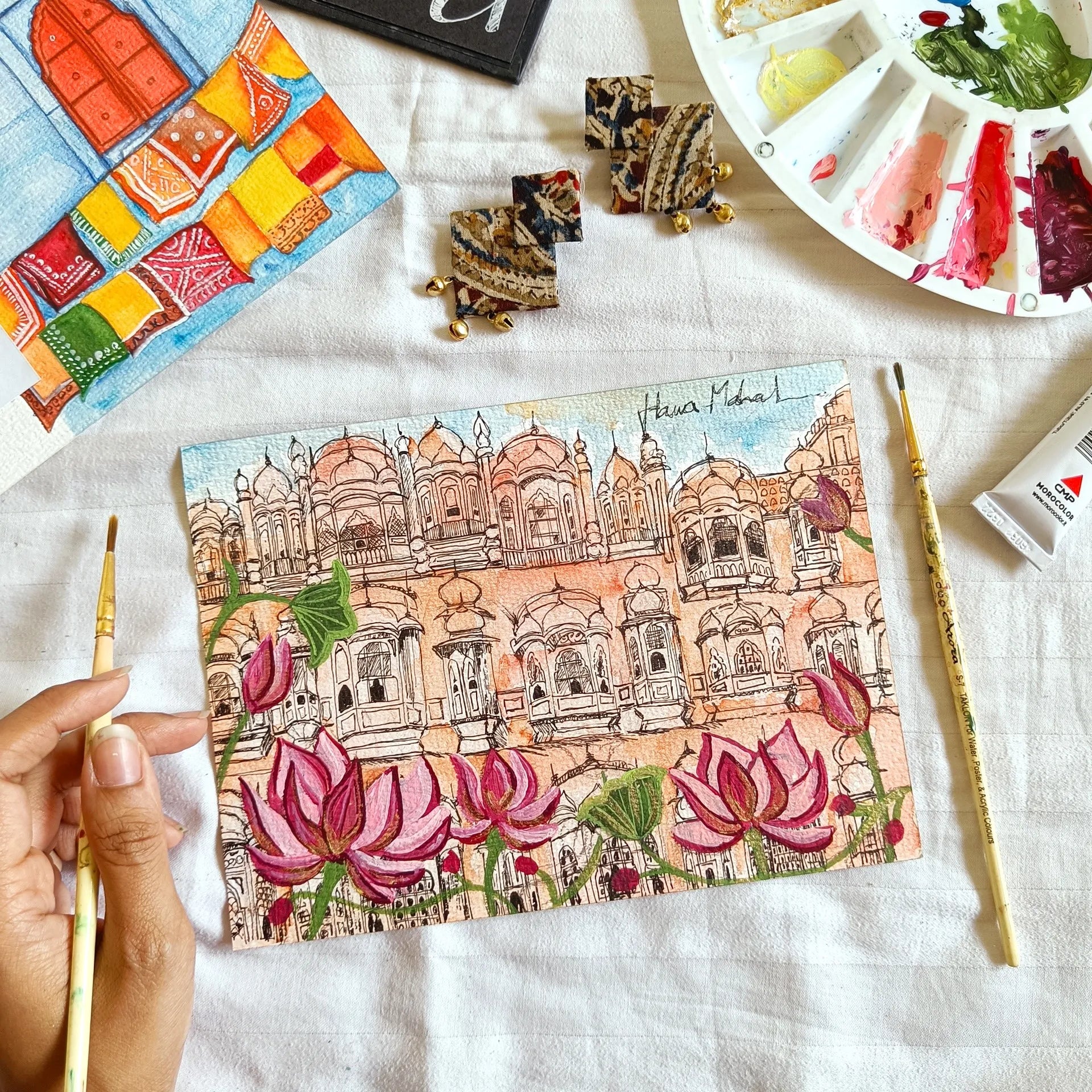 Live painting of Hawa Mahal in Jaipur, Rajasthan.
