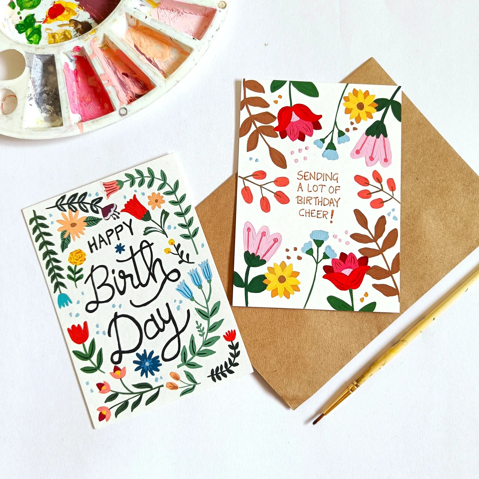 Floral themed handpainted birthday cards
