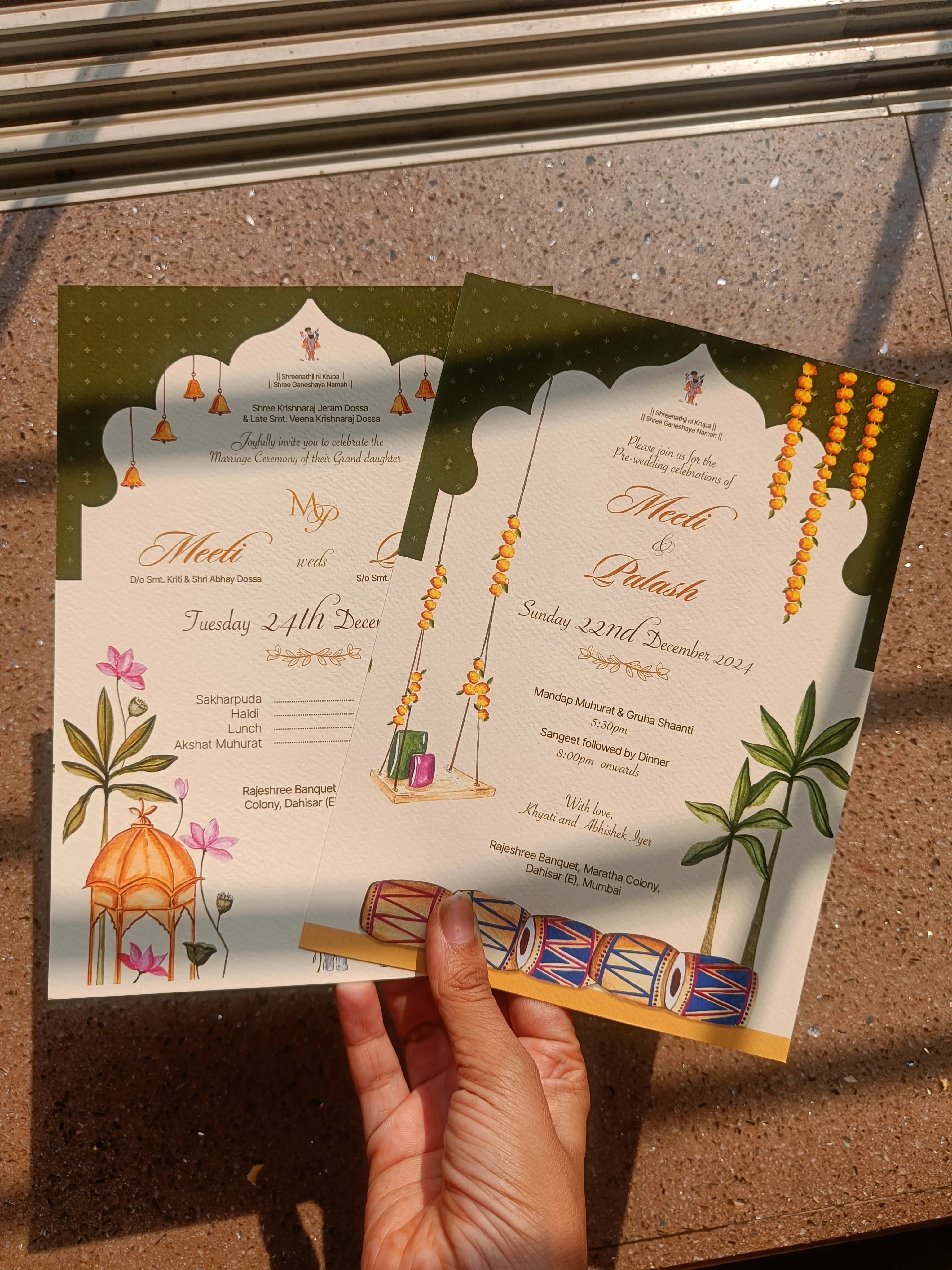 Hand-illustrated Wedding invitation with Indian motifs and elements.
