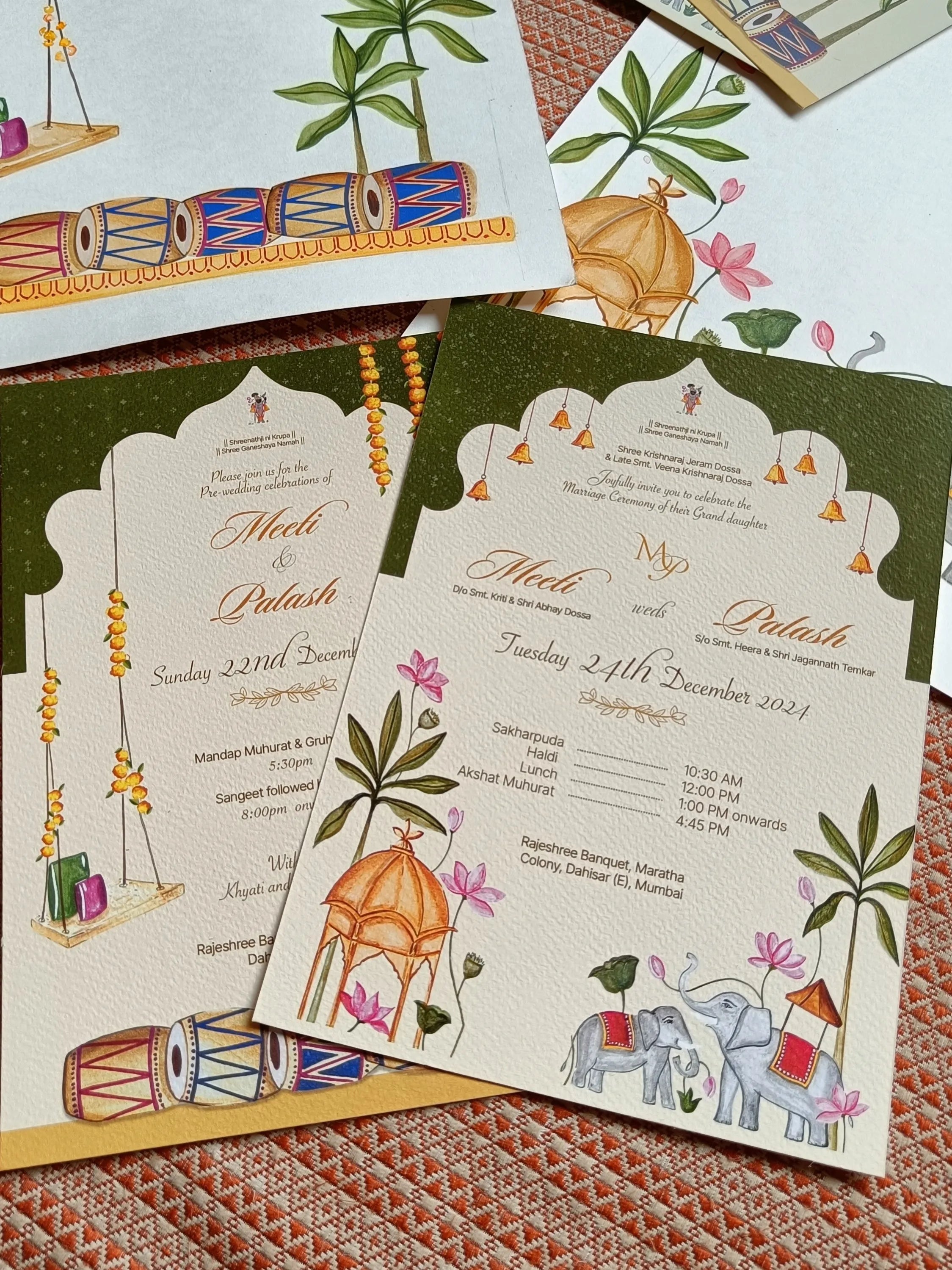 Hand-illustrated Wedding invitation with Indian motifs and elements.